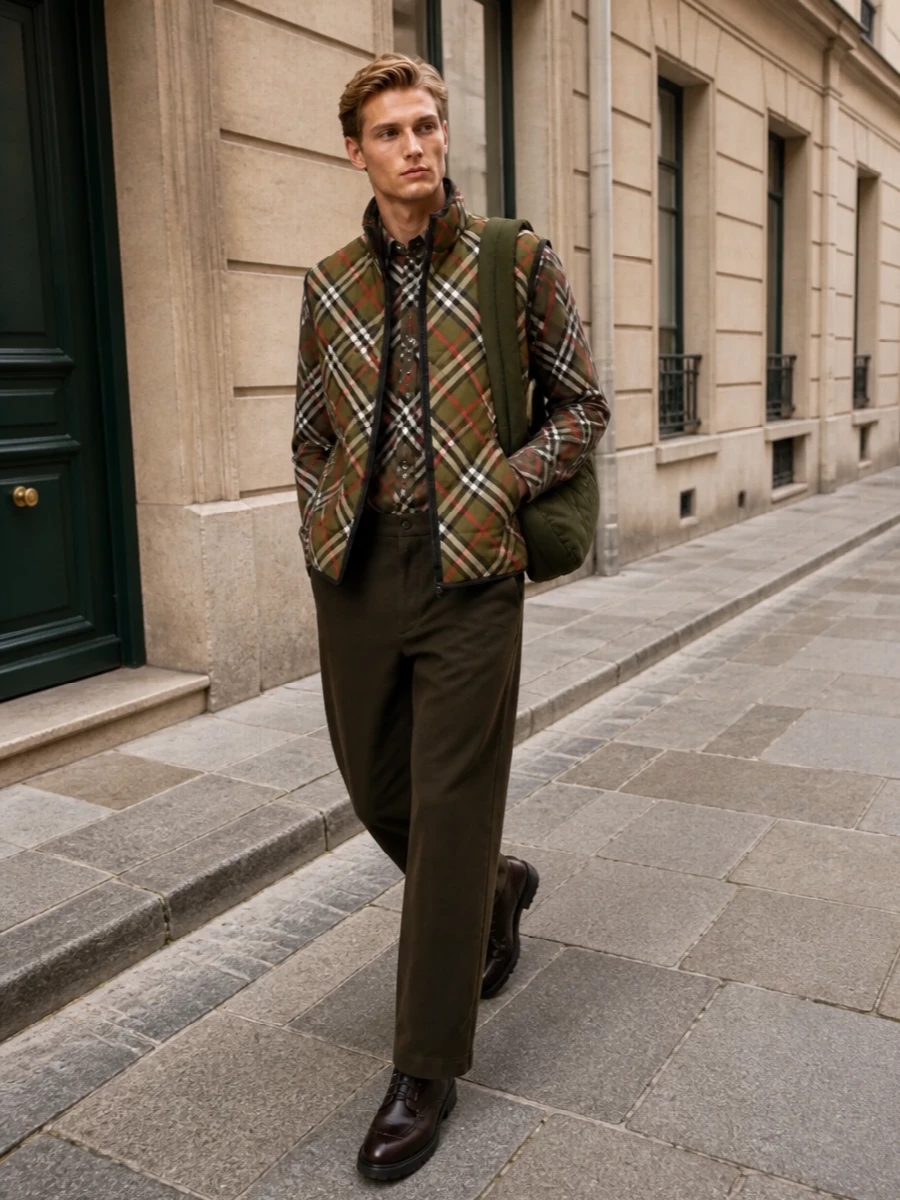 Burberry olive gilet wide leg trousers outfit