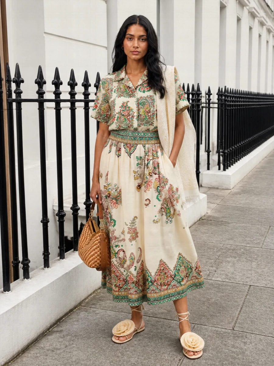 Etro paisley shirt midi skirt summer outfit