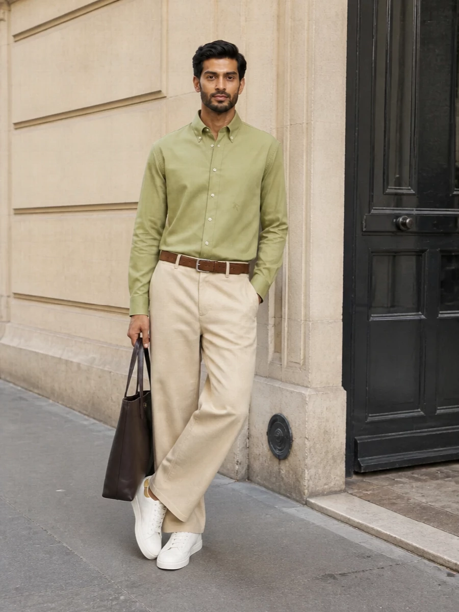 This look leans into soft, tonal neutrals: the sage Burberry shirt pairs with light-beige wide-leg trousers for a modern, relaxed take on tailoring that still feels impeccably clean. White leather sneakers keep the outfit fresh and easy for spring, while the camel suede belt and dark chocolate tote introduce refined texture and depth without breaking the quiet-luxury mood. It’s a polished, versatile ensemble that moves effortlessly from city daytime to understated evening plans.
