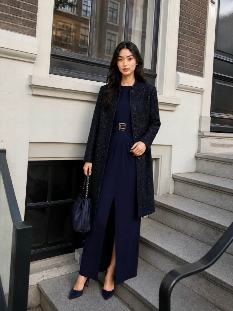 I chose the dress path to keep the coat’s midnight shimmer front and center, building a single, elongated navy story rather than competing layers of tailoring. The Elisabetta Franchi maxi, navy Jimmy Choo pumps and coordinating shoulder bag create a formal, quietly glamorous evening ensemble where texture and tone do the work instead of obvious contrast.