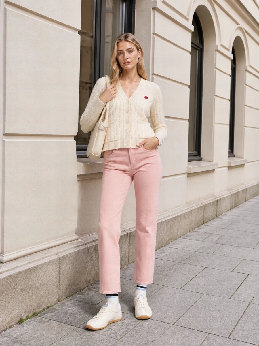 Kenzo cream cardigan blush trousers outfit