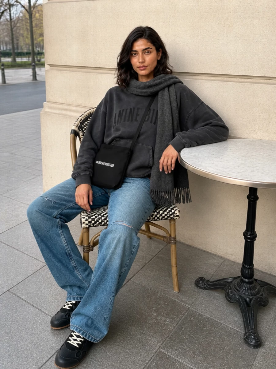 Washed charcoal on top and lived-in blue denim set a laid-back, downtown mood that still feels intentional. The streamlined sneaker and graphic crossbody keep everything sharp and low profile, while the soft grey scarf adds just enough texture and warmth for colder days. It is an easy off-duty uniform that leans into logo streetwear without ever feeling loud.