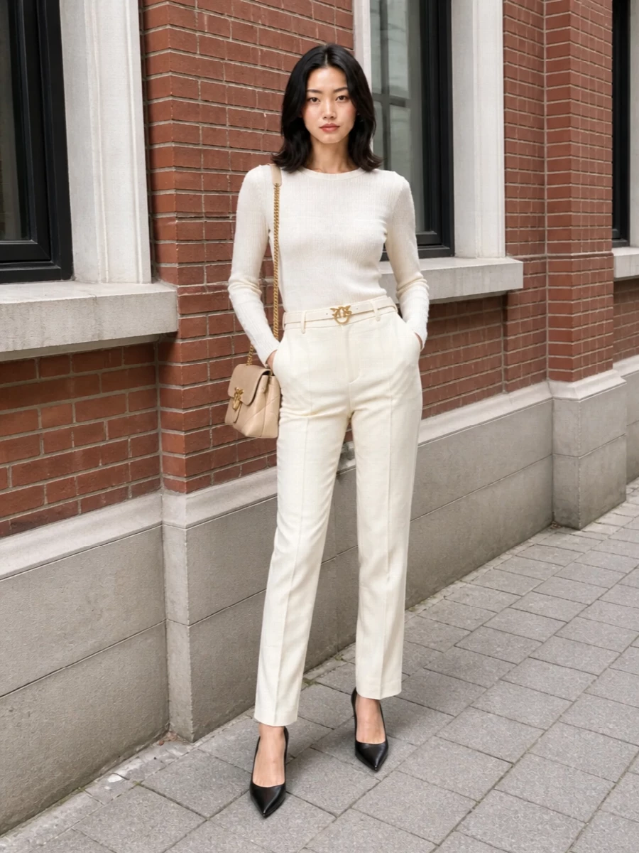 A tonal column of soft cream knit and tailored buttercream trousers sets a calm, refined base that feels both modern and romantic. Black pumps add definition and urban sharpness, while the buttercream bag and ivory belt keep the focus on subtle texture and gold accents. It is an easy choice for days that move from meetings to an intimate dinner without changing a thing.