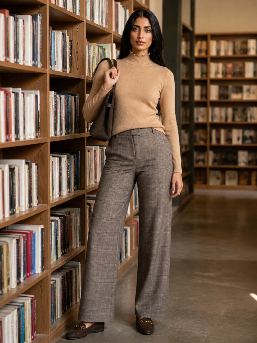 Warm camel against brown check gives a precise, quiet take on tailoring that still feels relaxed. The slim knit anchors the high-waisted wide leg, while the suede loafers and structured tote keep everything polished without trying too hard. Ideal for city days that move between desk and dinner with only a change of lipstick.