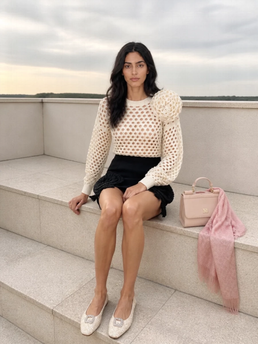 Creamy open knit on top, sculpted black rosettes on the mini, and crystal-soft flats create a romantic night-out set that feels playful but still polished. The soft blush bag and scarf warm up the monochrome, keeping the Y2K mood gentle rather than loud.
