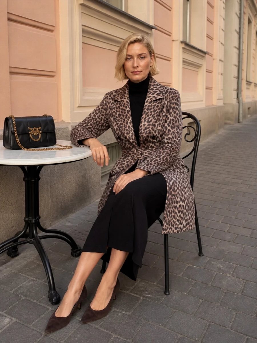 Parosh leopard coat black knit midi dress outfit