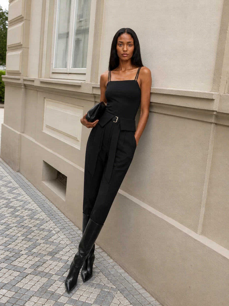 A sculpted black camisole is grounded with Attico’s dramatic folded-waist tapered trousers for a sharp, modern column of monochrome. Sleek pointed knee-high boots extend the line, so the proportions stay long and lean rather than chopped. A structured triangular shoulder bag and a slim quilted belt add just enough hardware to keep the all-black palette graphic instead of flat.
