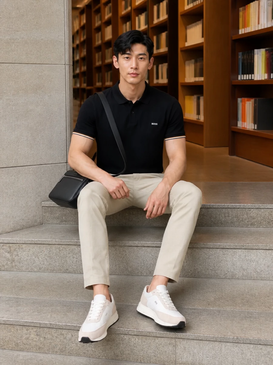 Boss black polo beige chinos sneakers outfit