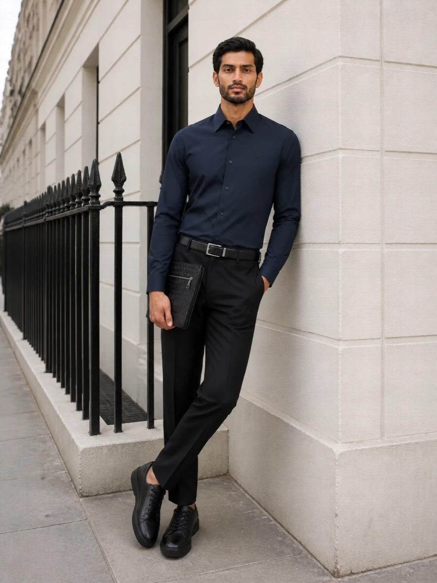 Burberry shirt black tailored trousers outfit
