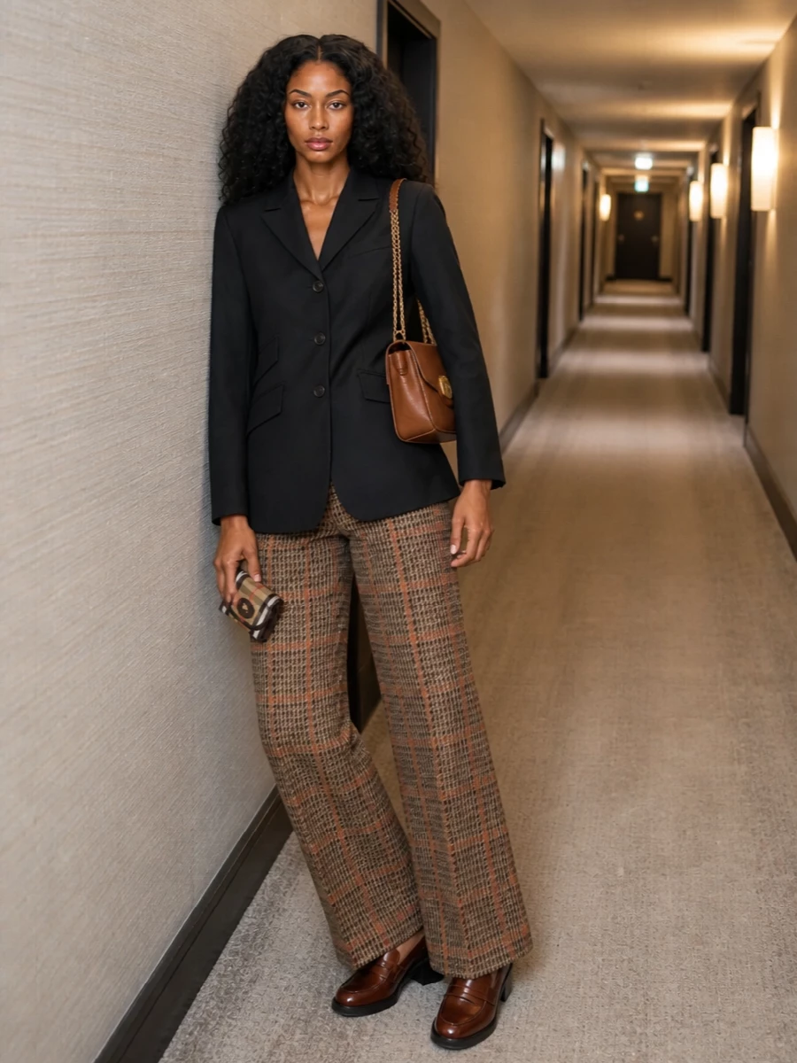 I’m anchoring this around tailoring rather than a dress so the Burberry tri-fold reads as part of a full, quietly heritage story, not an add-on to a single statement piece. The Max Mara checked blazer and coordinated wide-leg trouser create a long, menswear-inflected line in camel and espresso that harmonises perfectly with the wallet’s check, while the block-heel Tod’s loafer nods to Y2K without breaking the preppy mood. A cognac Mulberry shoulder bag finishes the city-ready set with just enough structure and shine to feel considered from office hours into late dinners.