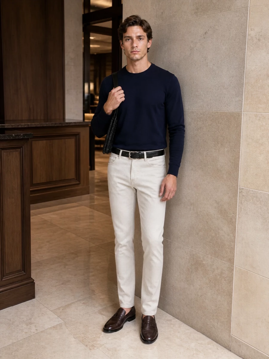 Eleventy beige trousers navy knit tods loafers