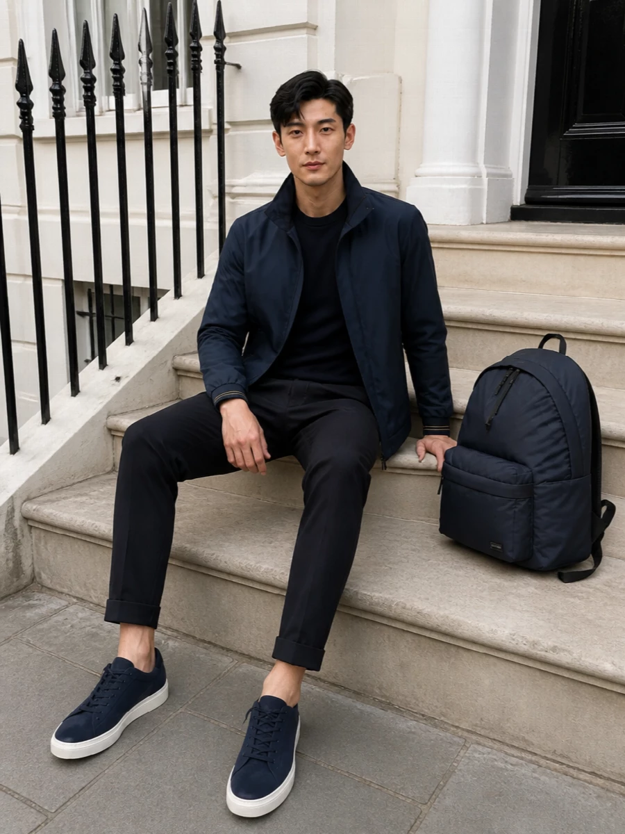 Paul shark navy jacket jogger trousers outfit