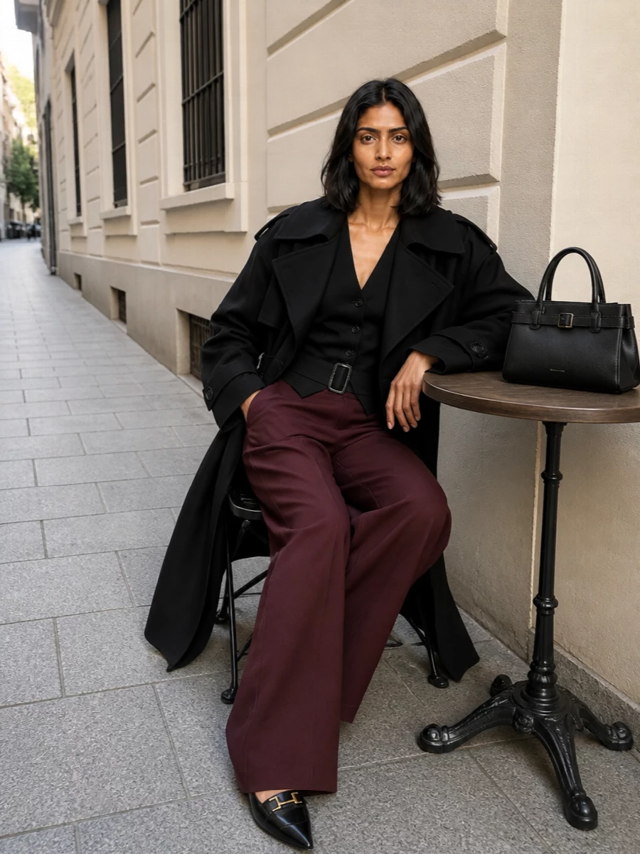 Frankie shop trench burgundy wide leg trousers