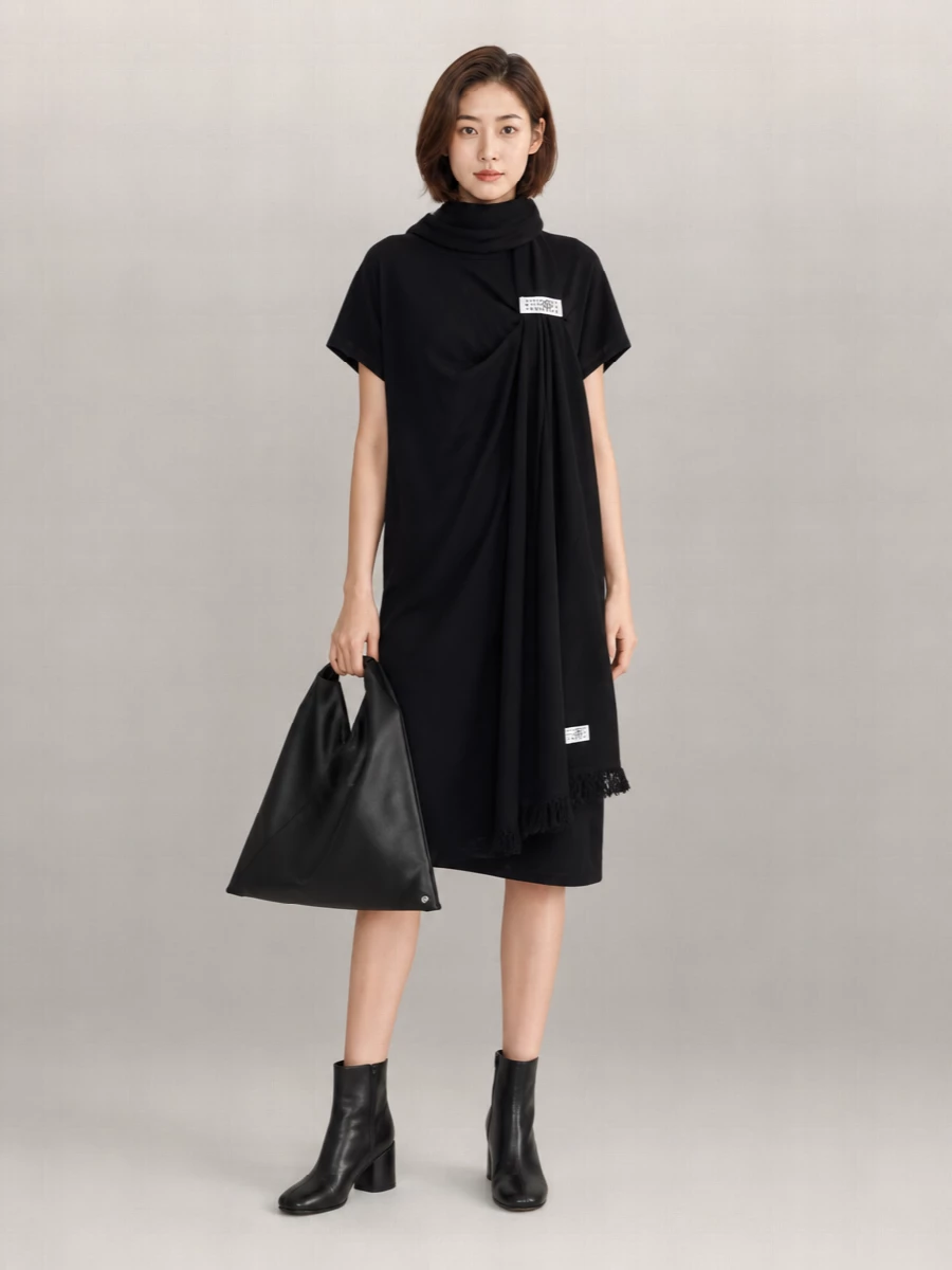 Mm6 Maison Margiela Cotton Ruched Logo Appliqué Asymmetric Hem T-Shirt Dress