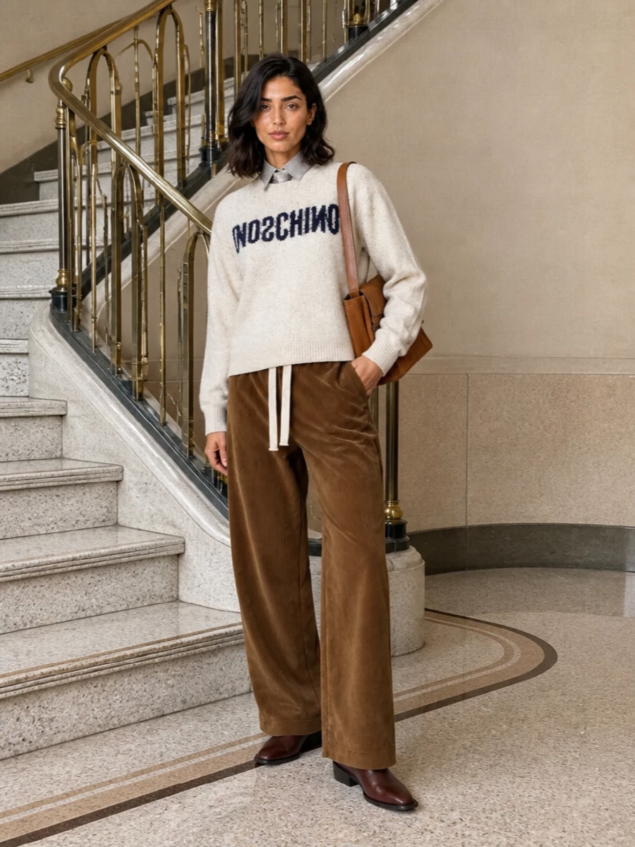 Moschino logo sweater corduroy trousers outfit