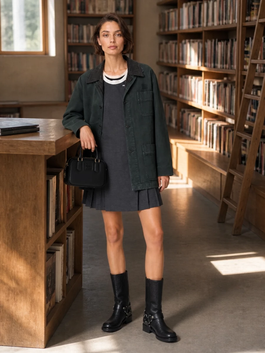 Miu miu chore jacket charcoal pleated dress outfit