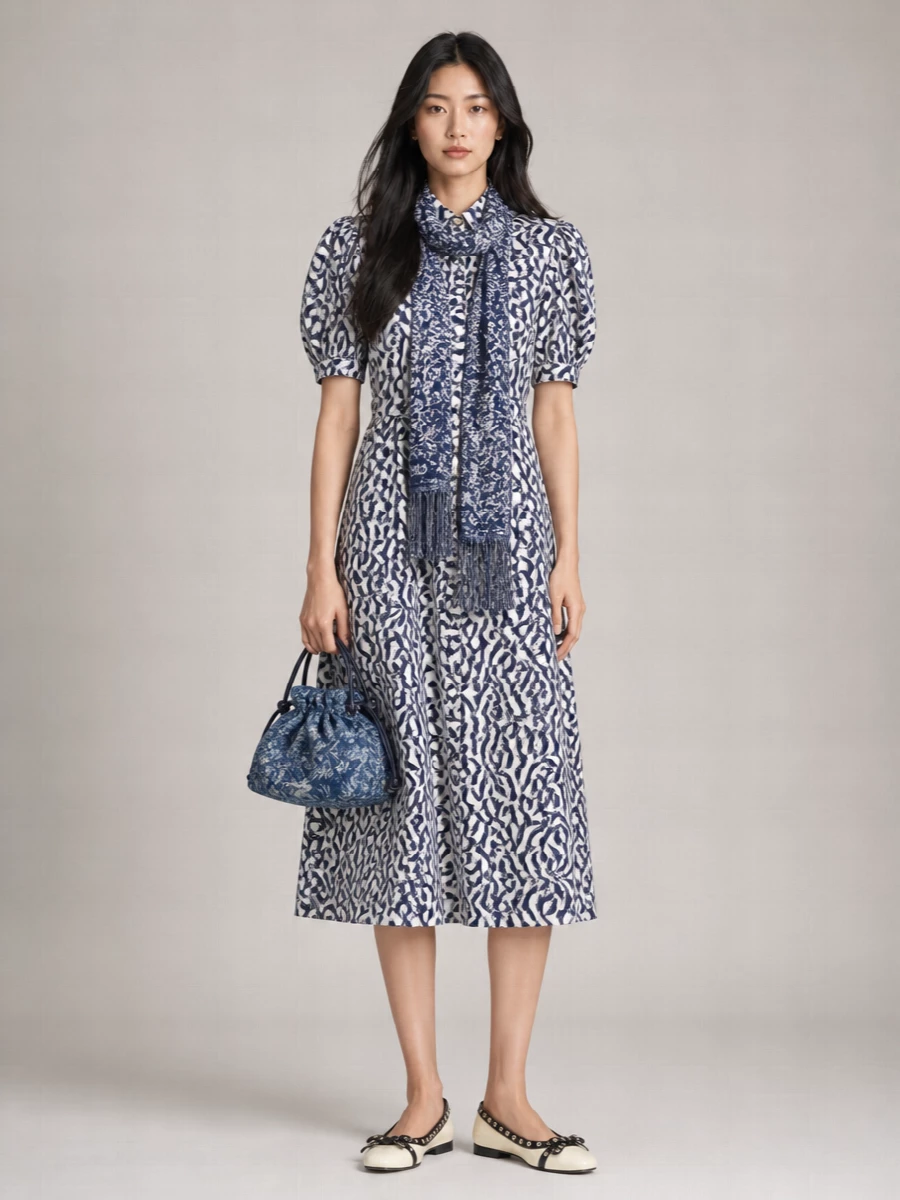 Ganni Printed Cotton V-Neck Short-Sleeve Midi Dress