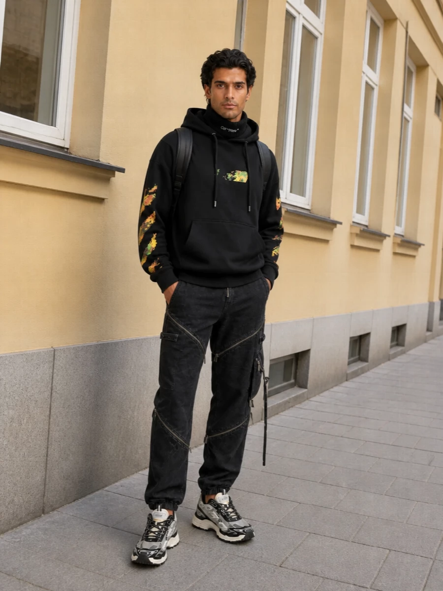Off white hoodie cargo pants runners outfit