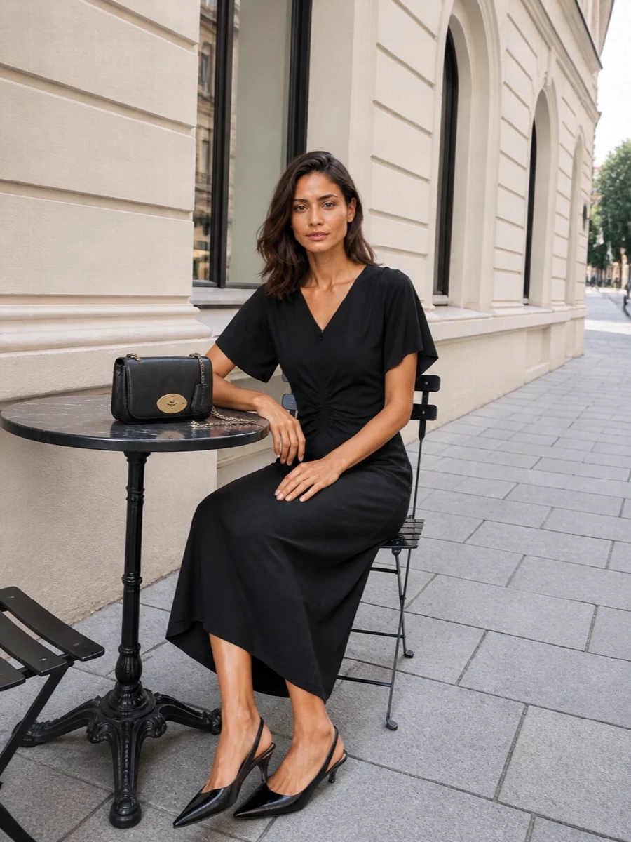 A black Victoria Beckham midi and the Mulberry cross-body create a clean, elongated column of quiet luxury. The fluid ruching at the waist keeps it soft, while the structured slingbacks add just enough formality for boardroom-to-dinner evenings. I chose the dress route here so the bag can sit against one uninterrupted silhouette, letting the textures and hardware do the talking rather than breaking the line with separates.