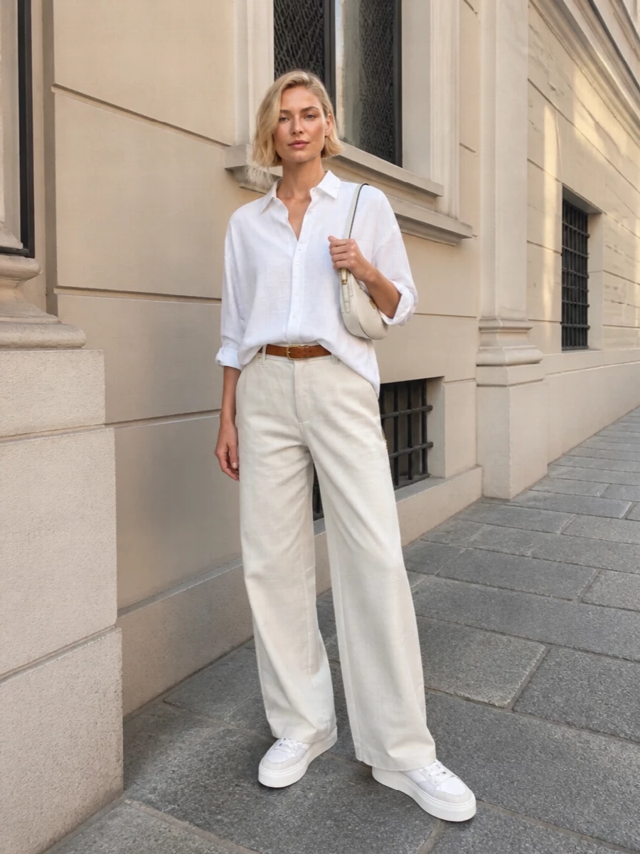 Soft neutrals and clean lines keep this wide-leg trouser front and center, paired with an oversized white shirt that you can half-tuck to control the volume. Chunky light sneakers ground the silhouette in a modern street mood, while an off-white crescent bag and tan belt add just enough structure and contrast to feel considered without trying too hard. The result is relaxed, directional and very wearable for city days that slide into late dinners.