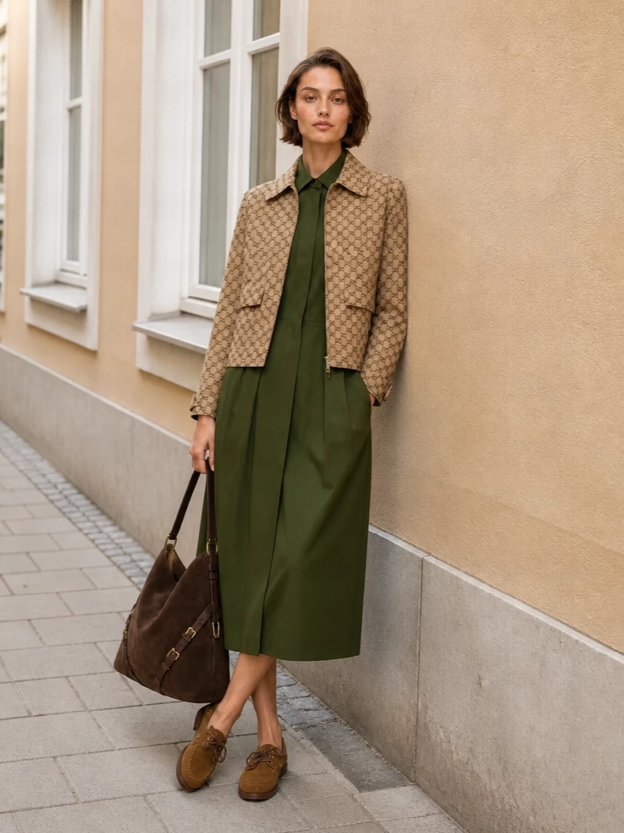I am styling the Gucci GG cropped jacket over the Givenchy olive shirt dress path rather than over a separate top and bottom, because the belted midi shirt dress echoes the jacket’s utility tailoring and creates a clean, uninterrupted column under the cropped hem. The camel and deep olive sit in the same warm, urban-neutral family, so the monogram reads intentional rather than busy, while the moc loafers and suede hobo keep it preppy and quietly polished for city days that stretch into dinner. The result is a modern uniform: heritage on top, sharp shirt-dress beneath, all in tonal browns and olives that feel confident without shouting logos everywhere else.