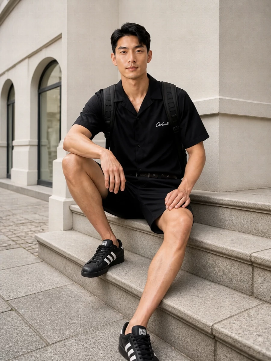 Carhartt black camp shirt shorts adidas sneakers