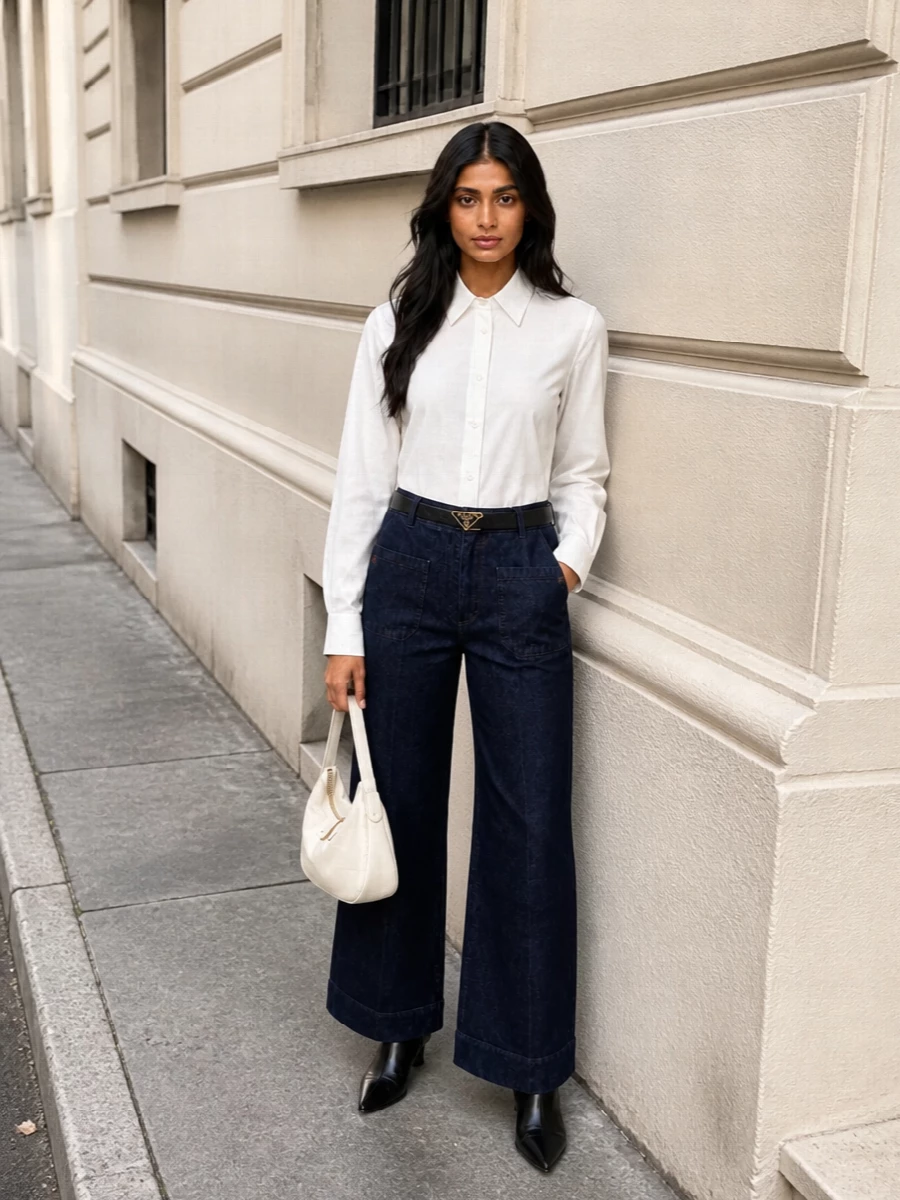 Victoria beckham wide leg jeans white shirt outfit