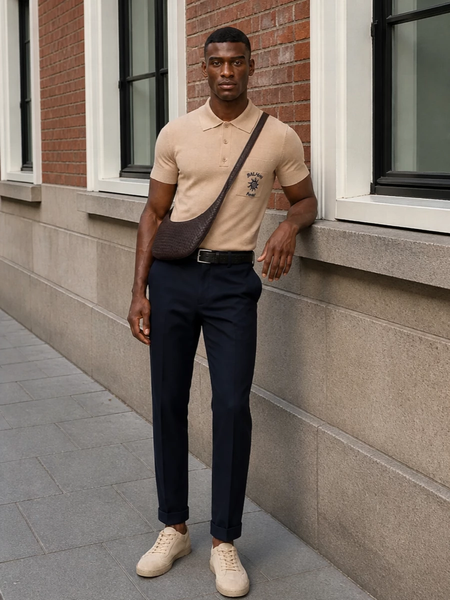 Balmain knit polo pleated trousers outfit