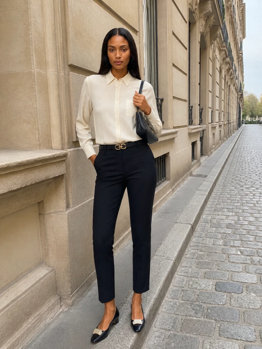 Fabiana filippi navy trouser cream shirt outfit