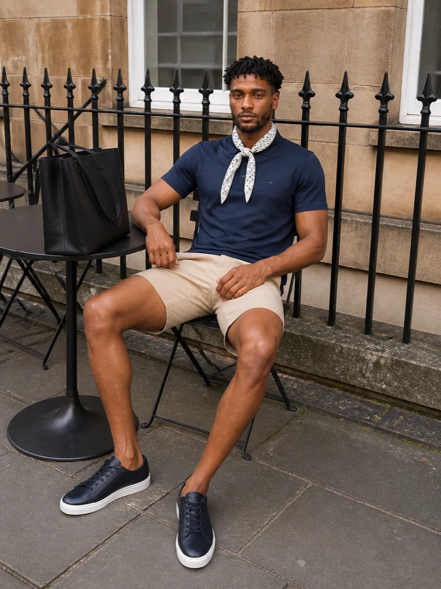 An ink navy polo sits against clean stone chinos for a sharp, unfussy take on warm weather smart casual. Navy low-top sneakers keep the line sleek, while a structured navy tote and a slim patterned scarf add discreet sophistication. The palette stays tight to navy, stone and soft ivory so everything feels calm, precise and easy to wear from office-adjacent days to city dinners.