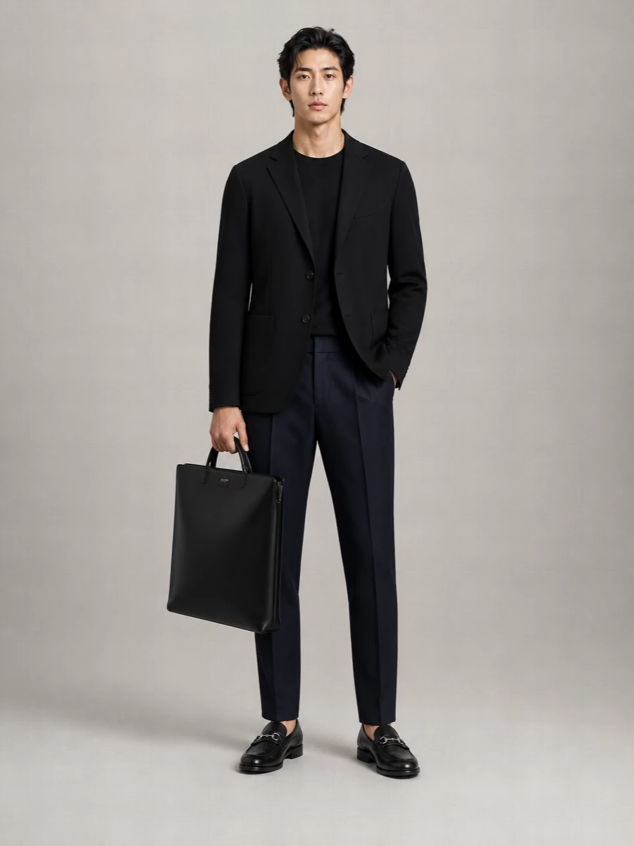 A black Giorgio Armani blazer, fine-gauge knit and tapered navy trouser create a precise, almost monochrome column that reads confident without feeling severe. Gucci loafers and a sculptural Valentino briefcase sharpen the line for days that move from meetings to late dinners. The result is clean, Italian-tailored polish with quiet depth in the dark neutrals rather than overt contrast.