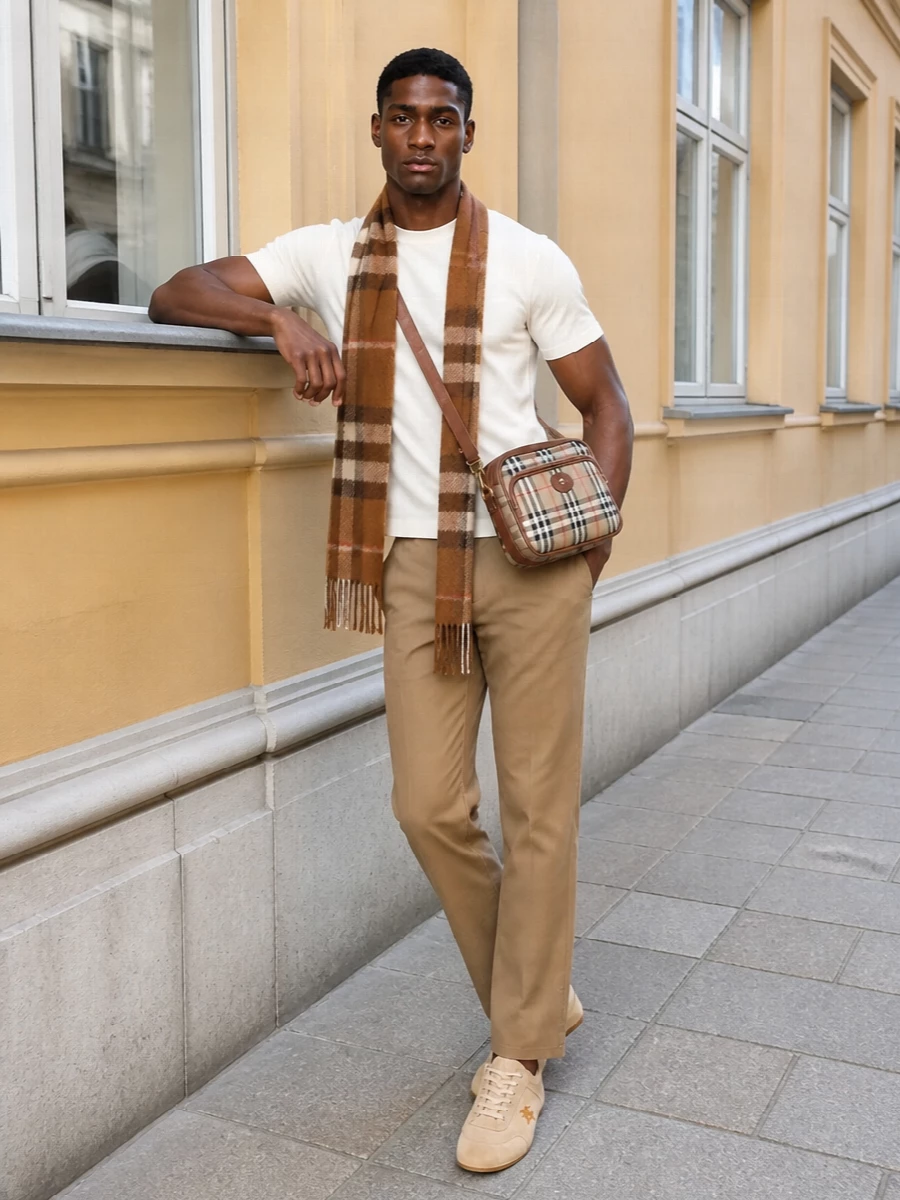 Burberry camel trousers ivory tee suede sneakers