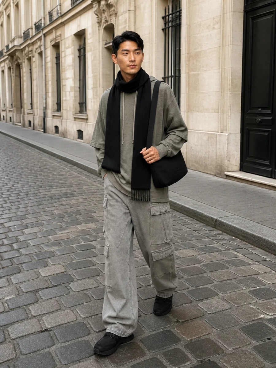 Drkshdw cargo pants grey hoodie prada sneakers