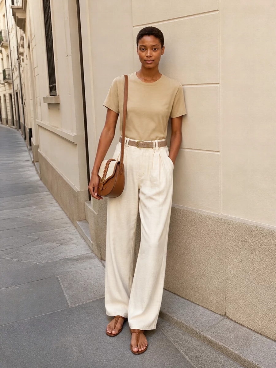 Sand, cream and tan sit intentionally together here, keeping the palette soft while the high-waisted pleated trouser and tee create a clean, elongated line. Flat leather sandals and a compact raffia saddle bag keep the mood relaxed but precise, with the belt subtly anchoring the waist so the volume through the leg feels considered rather than casual. It is an easy summer uniform for city days when you want quiet polish without formality.