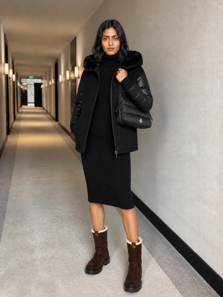I am anchoring this with the sweater dress rather than top and trouser, so the coat reads as a sculpted shell over a simple knit column instead of competing tailoring. The all-knit base and shearling boots create a cocooned, city‑winter uniform where the subtle mix of black and deep brown feels intentional rather than harsh. It is polished enough for discreet days in town yet relaxed enough for chalet travel, with the Moncler bag tying the performance‑luxury story together.