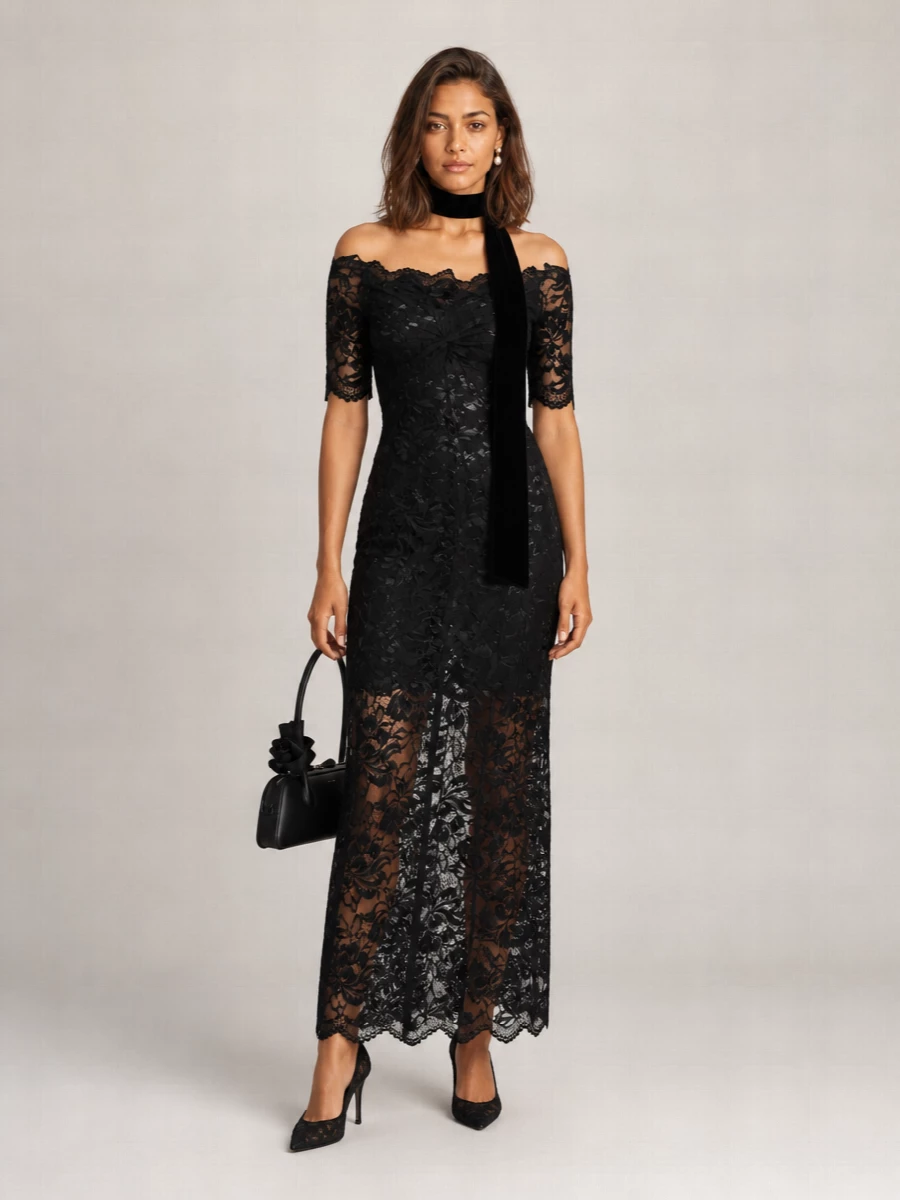 Paco Rabanne off-the-shoulder floral-lace long-sleeve maxi dress