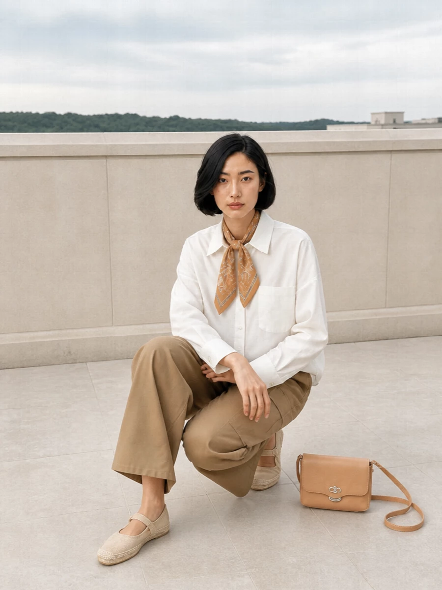 Max mara camel cargo pants ivory shirt outfit