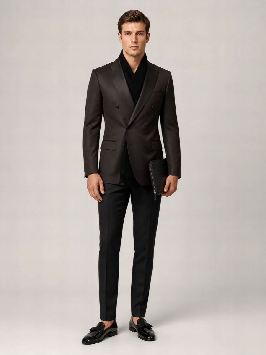 Dolce&Gabbana’s espresso satin dinner jacket sits over razor-sharp black trousers for a quietly assertive evening take on classic black tie. Patent opera-style loafers and a woven black clutch keep the palette disciplined and high-gloss, while a velvet evening scarf adds depth rather than drama. The result is formal, controlled and unmistakably Italian without a single loud gesture.