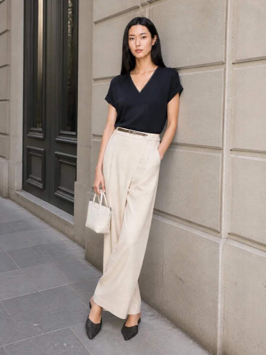 Charcoal v neck tee wide leg trousers outfit