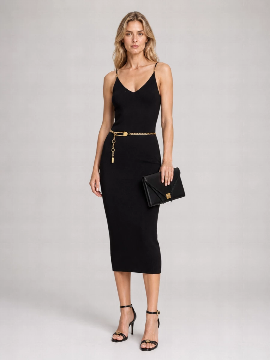 Versace Viscose Ribbed Sleeveless V-Neck Midi Dress