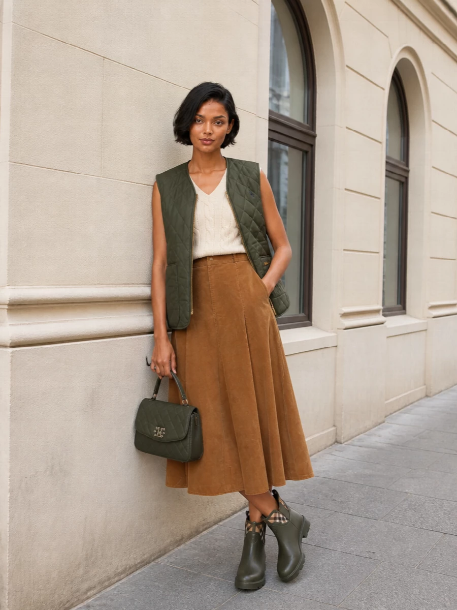Barbour gilet polo ralph lauren corduroy skirt outfit