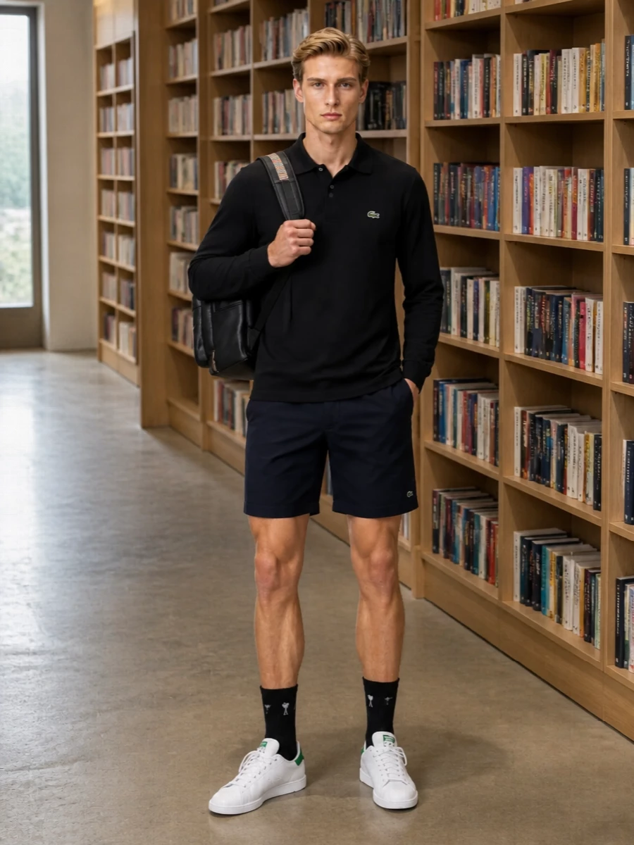 A black Lacoste long sleeve polo meets navy chino shorts for a clean, court-inspired take on casual dressing. White leather Adidas sneakers with a green heel tab echo the crocodile accents, keeping the palette focused and sporty. A structured black designer backpack and discreet black socks complete a polished yet relaxed everyday uniform.