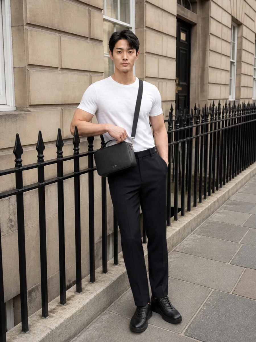 An optic white tee, deep-charcoal tailoring and sleek black sneakers create a low-contrast, quietly precise city uniform. The line stays clean and regular, so the interest comes from texture and tone rather than branding. A compact charcoal crossbody finishes it with just enough structure for office-to-dinner days.