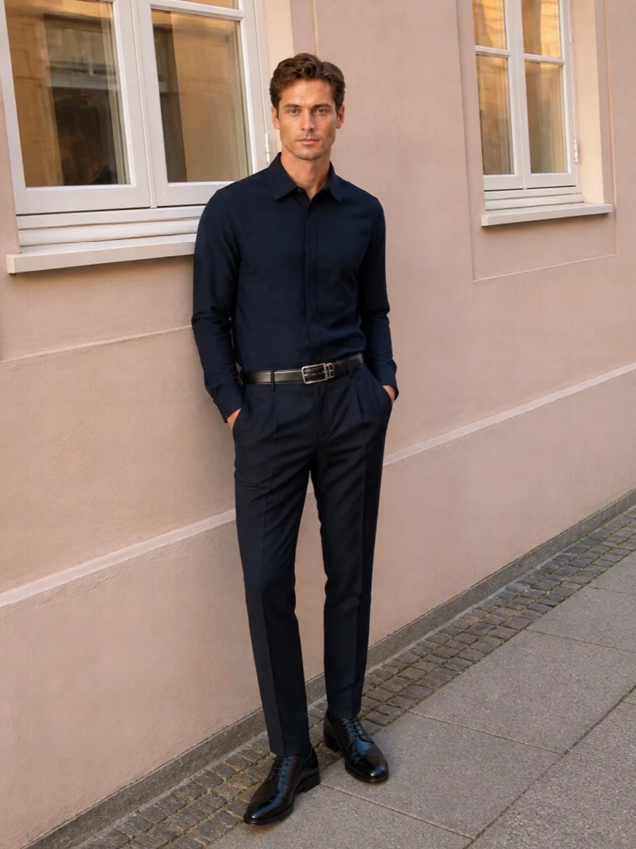 A navy-on-navy tailored base framed by black leather accessories gives this outfit a calm, senior-executive presence. The Montblanc belt, Tod’s derbies and structured tote read as one quiet, precise line. It is built for serious days when you want polish to feel intentional rather than showy.