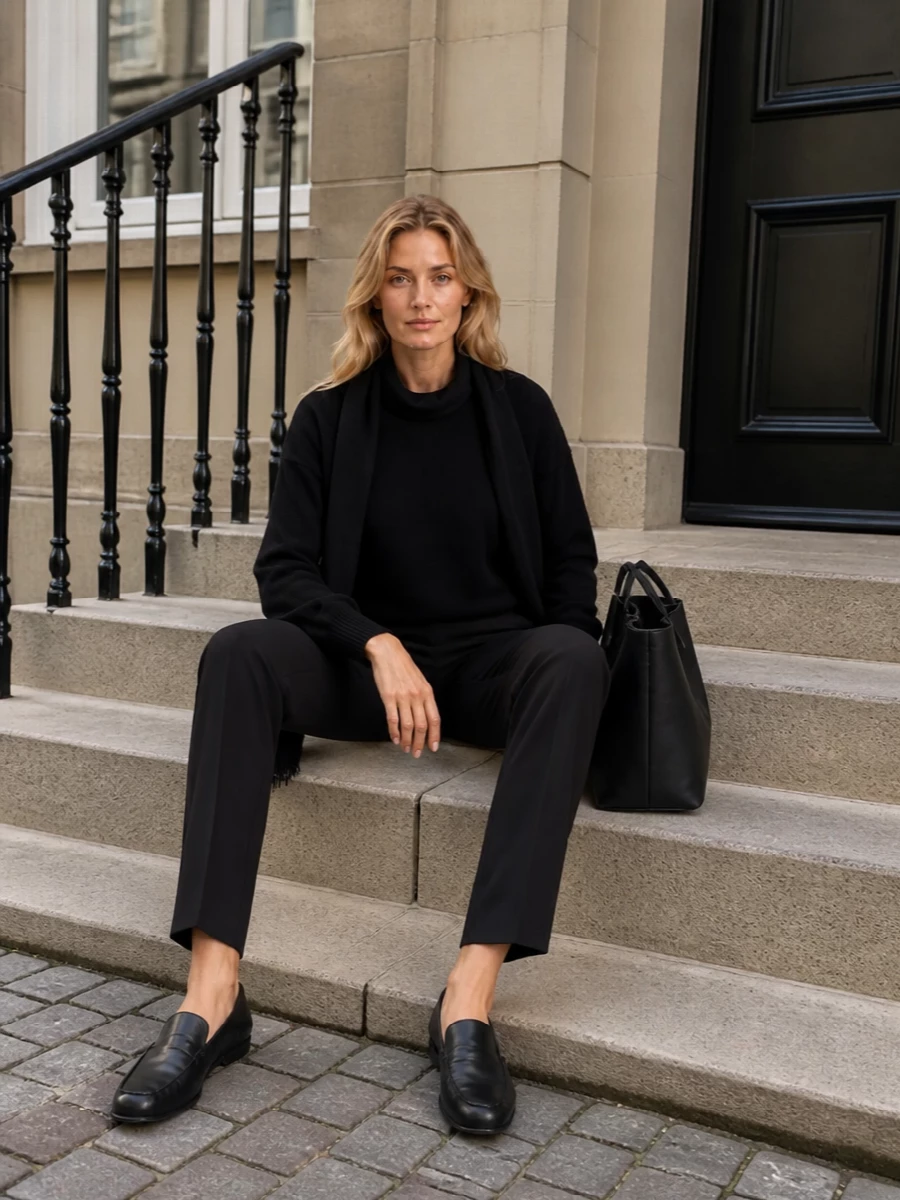 The row black trousers loulou studio knit outfit