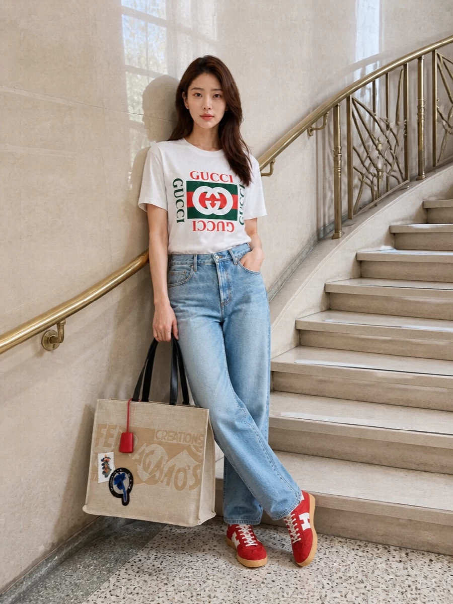 Gucci’s graphic tee sits against relaxed Attico denim for a high-low logo mix that feels easy but intentional. Vivid red Hogan sneakers tie straight into the Gucci stripe, so the color story feels deliberate rather than loud. A bold Ferragamo canvas tote finishes it with just enough polish for city days without losing the street edge.