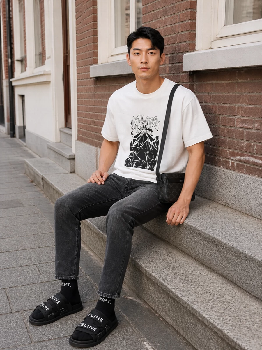 Celine graphic tshirt black jeans slides outfit