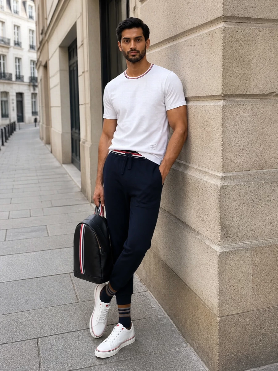 This look leans into Thom Browne’s collegiate minimalism: the crisp white tricolour-tipped tee pairs with navy joggers that echo the same house striping for a coordinated, off-duty uniform. White tricolour-detailed sneakers keep the silhouette clean and sporty, while the structured striped backpack and graphic socks add just enough branded character without breaking the refined, preppy mood.
