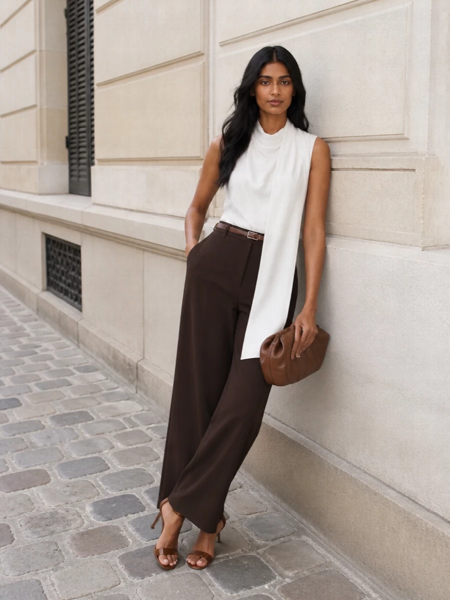Dark chocolate wide-leg trousers are sharpened with a fluid white asymmetric top for a clean, modern contrast that still feels understated. A caramel stiletto sandal and pleated brown clutch keep the palette warm and tonal, while a slim dark belt quietly anchors the high-rise waist. The result is poised and streamlined, ideal for dinners or events where you want polish without fuss.