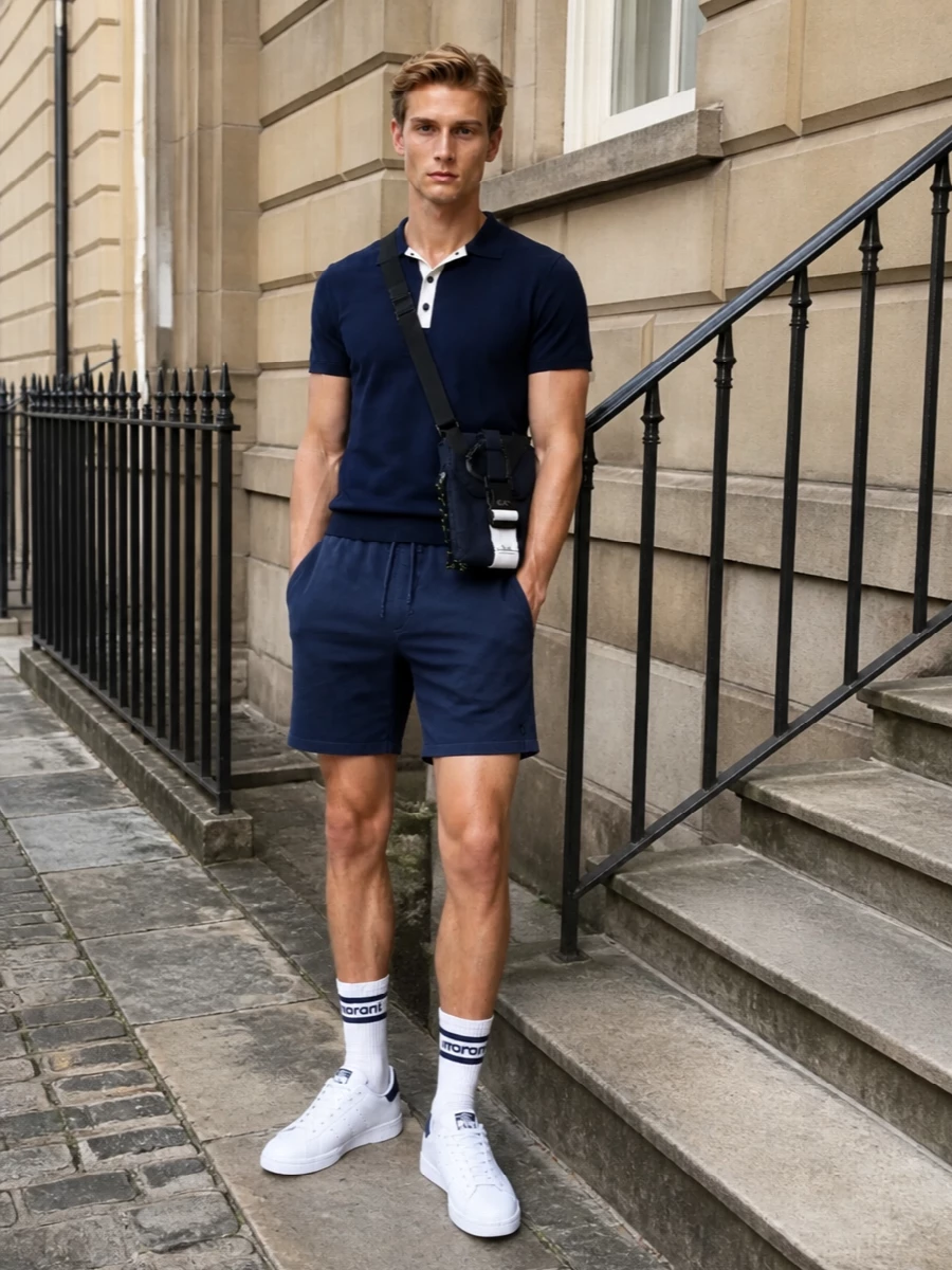 K way navy polo polo shorts adidas sneakers
